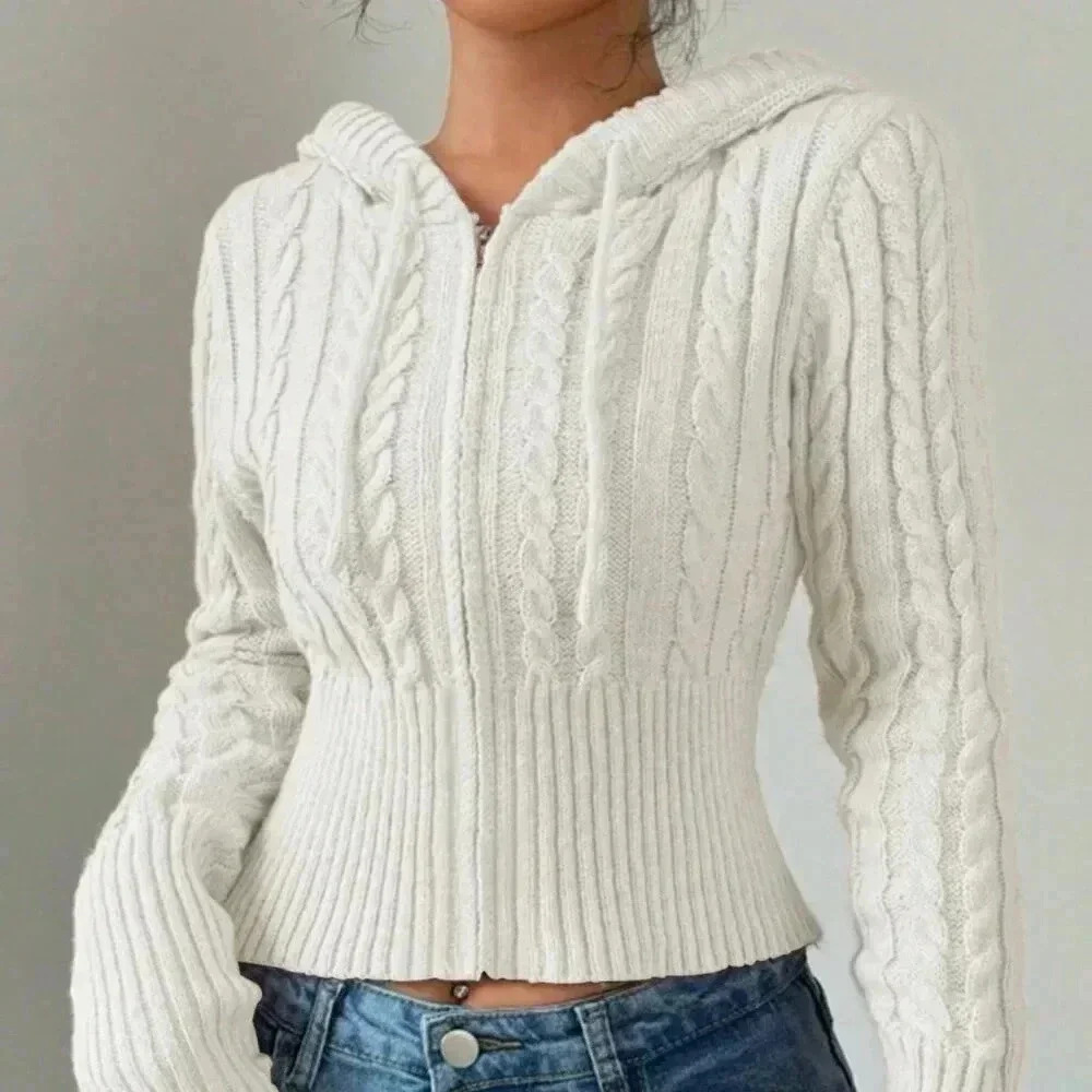 White Casual Women's Fitted Drawstring Hooded Cardigan - Picture 1 of 5